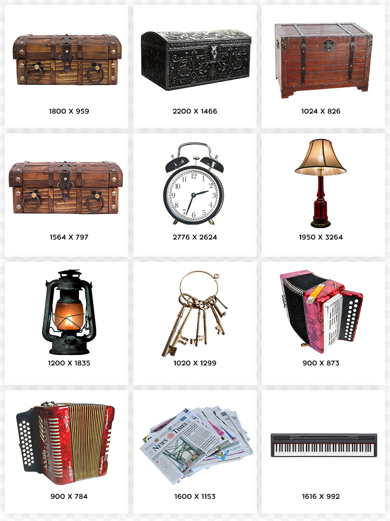 旧物件,复古,闹钟,台灯,煤油灯,旧钥匙,旧报纸,钢琴键盘,木箱子,手风琴,