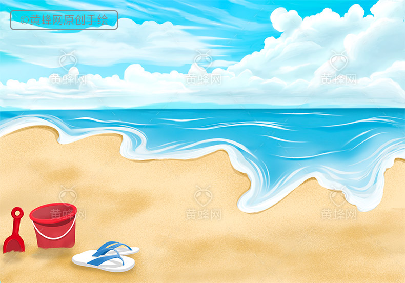 手绘海滩,海滩,海边,手绘大海,夏天背景,夏季背景,狂暑季,手绘背景,海滩插画,背景图片,蓝天白云,