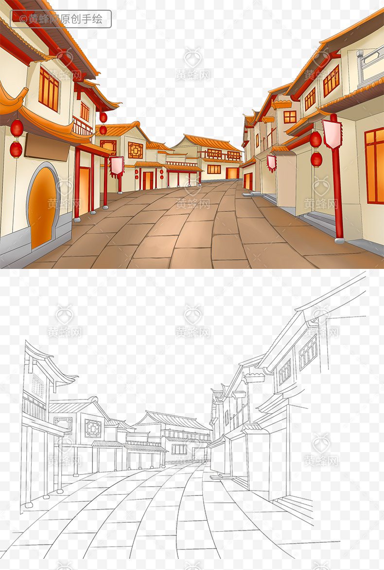 手绘古代街道,手绘古代建筑,手绘古建筑,中国风建筑,中国风街道,古代街景,年货节,新年,中国风,